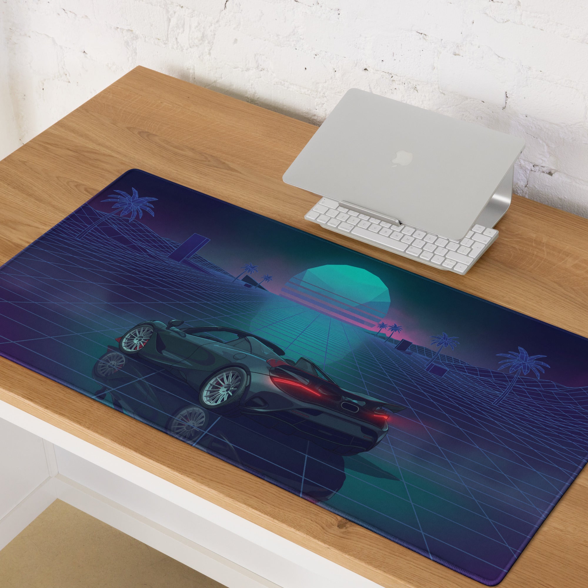 McLaren 765LT Spider Inspired Blue Cyan Vaporwave Gaming Mouse Pad – Neon Palm Tree Grid Desk Mat with Retro Futuristic Sunset and Reflection Art