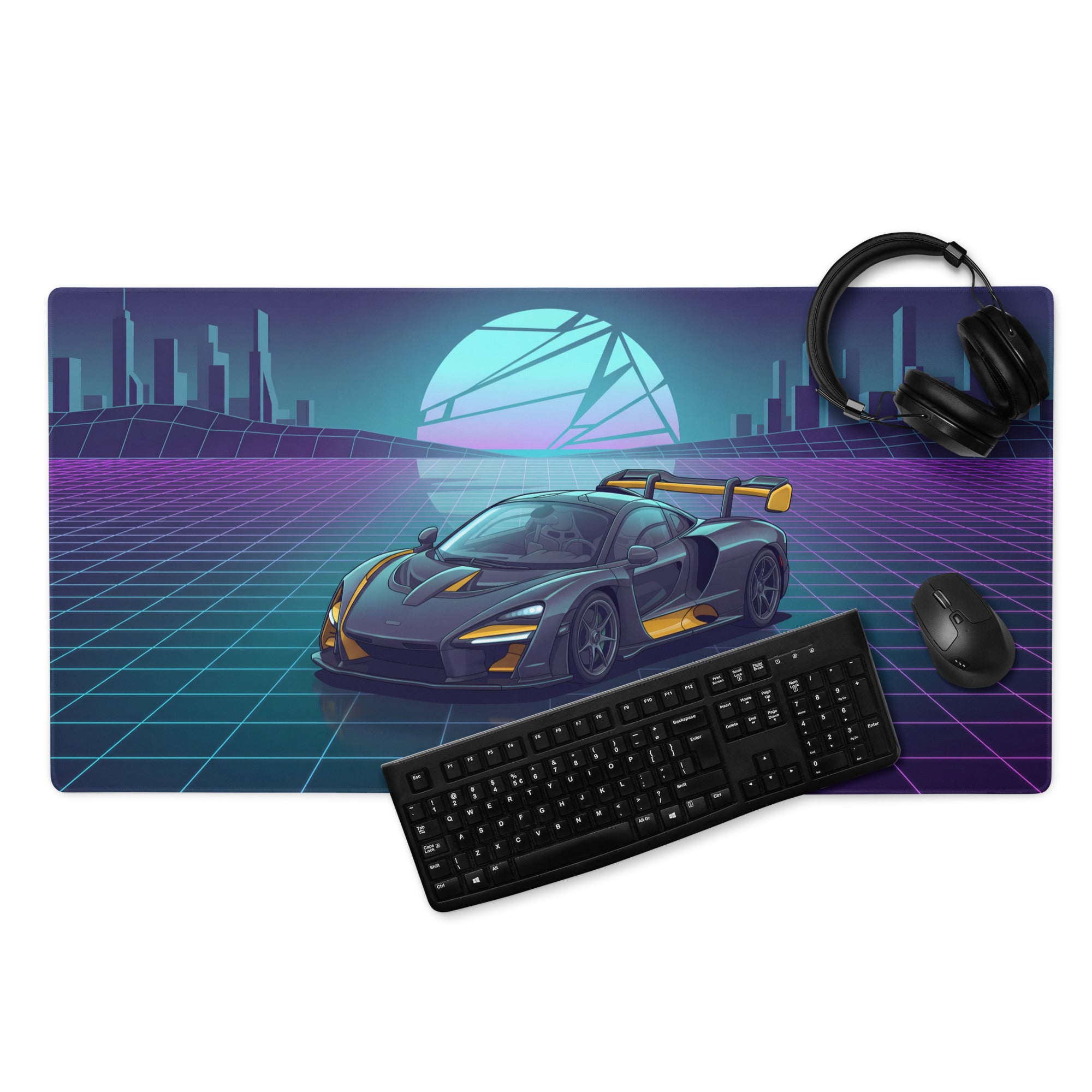 McLaren Senna Inspired Black Gold Vaporwave Gaming Mouse Pad – Neon Futuristic City Grid Desk Mat with Retro Synthwave Sunset and Hypercar Art