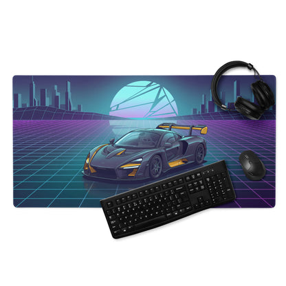 McLaren Senna Inspired Black Gold Vaporwave Gaming Mouse Pad – Neon Futuristic City Grid Desk Mat with Retro Synthwave Sunset and Hypercar Art