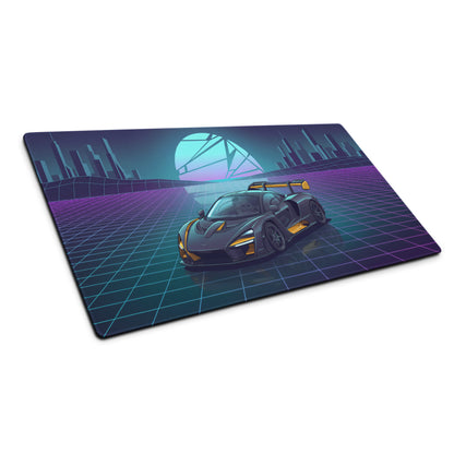 McLaren Senna Inspired Black Gold Vaporwave Gaming Mouse Pad – Neon Futuristic City Grid Desk Mat with Retro Synthwave Sunset and Hypercar Art