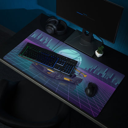 McLaren Senna Inspired Black Gold Vaporwave Gaming Mouse Pad – Neon Futuristic City Grid Desk Mat with Retro Synthwave Sunset and Hypercar Art