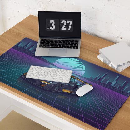 McLaren Senna Inspired Black Gold Vaporwave Gaming Mouse Pad – Neon Futuristic City Grid Desk Mat with Retro Synthwave Sunset and Hypercar Art