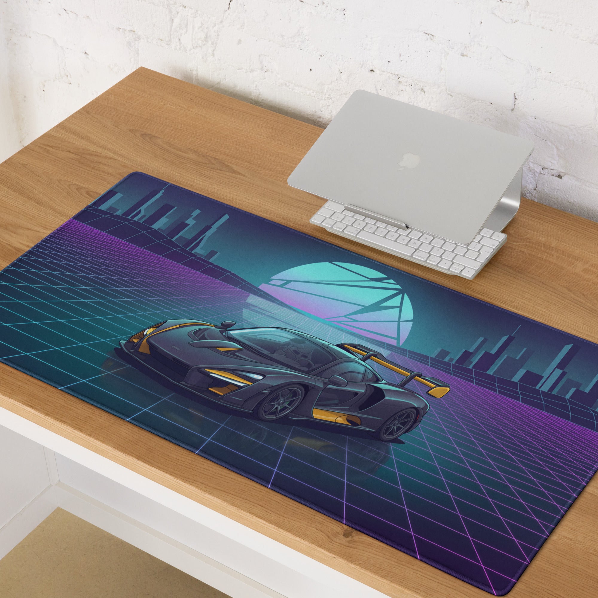 McLaren Senna Inspired Black Gold Vaporwave Gaming Mouse Pad – Neon Futuristic City Grid Desk Mat with Retro Synthwave Sunset and Hypercar Art
