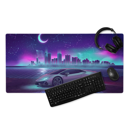 Lamborghini Huracán EVO Inspired Silver Purple Vaporwave Gaming Mouse Pad – Neon Celestial City Desk Mat with Retro Futuristic Skyline Art