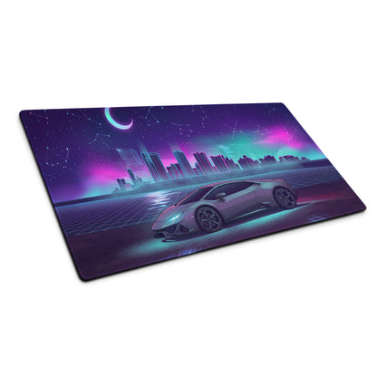 Lamborghini Huracán EVO Inspired Silver Purple Vaporwave Gaming Mouse Pad – Neon Celestial City Desk Mat with Retro Futuristic Skyline Art