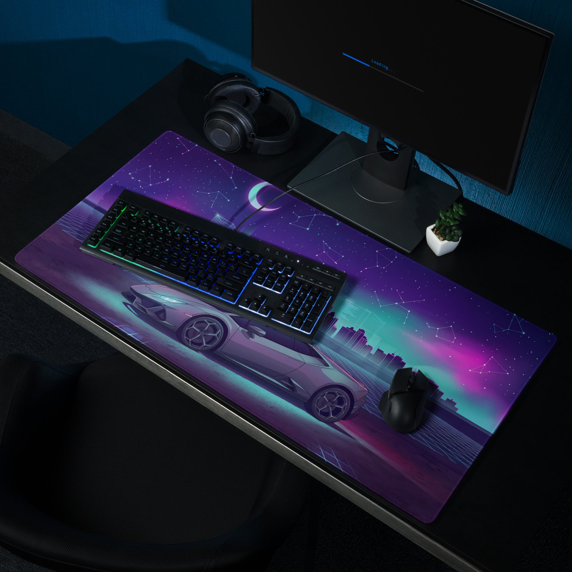 Lamborghini Huracán EVO Inspired Silver Purple Vaporwave Gaming Mouse Pad – Neon Celestial City Desk Mat with Retro Futuristic Skyline Art