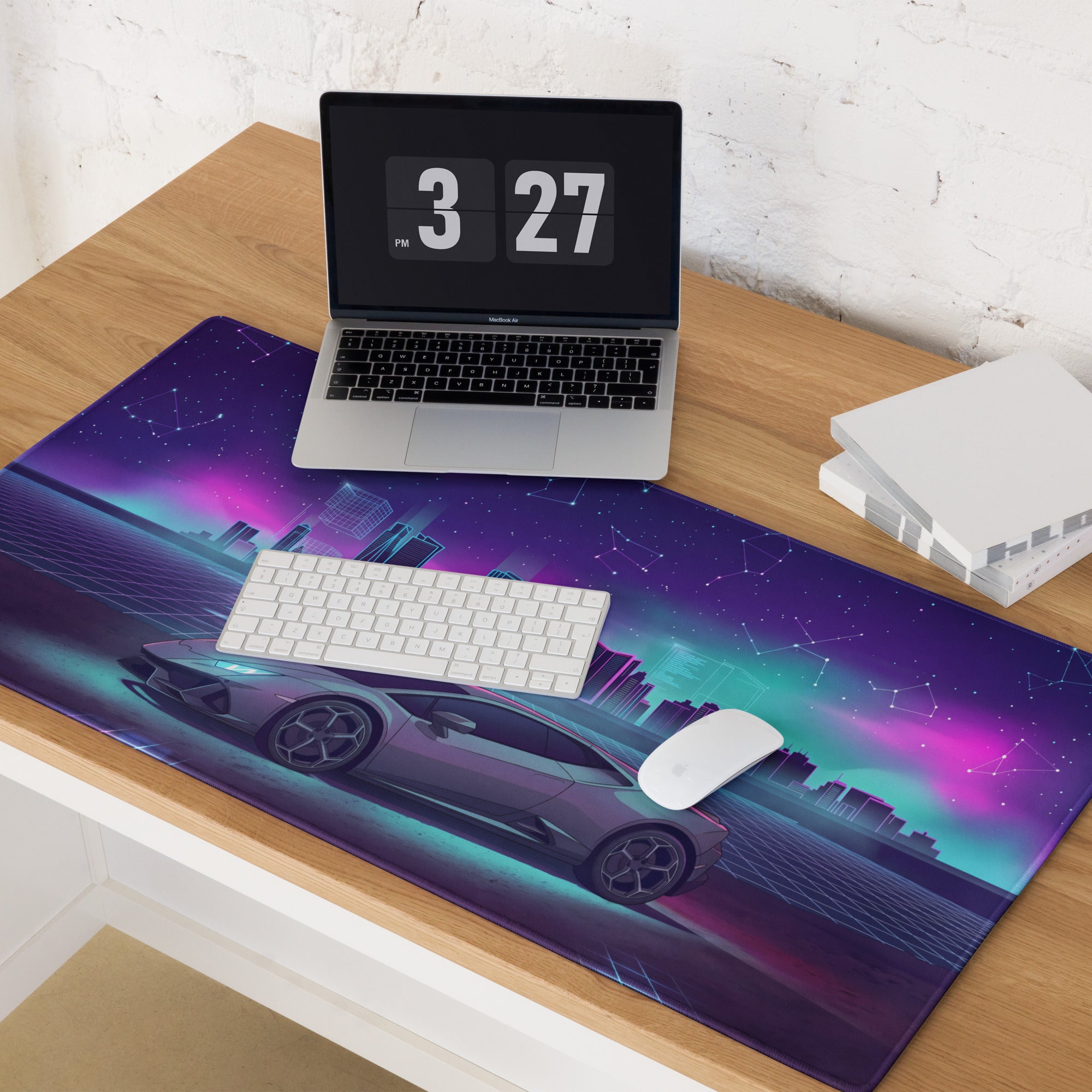 Lamborghini Huracán EVO Inspired Silver Purple Vaporwave Gaming Mouse Pad – Neon Celestial City Desk Mat with Retro Futuristic Skyline Art