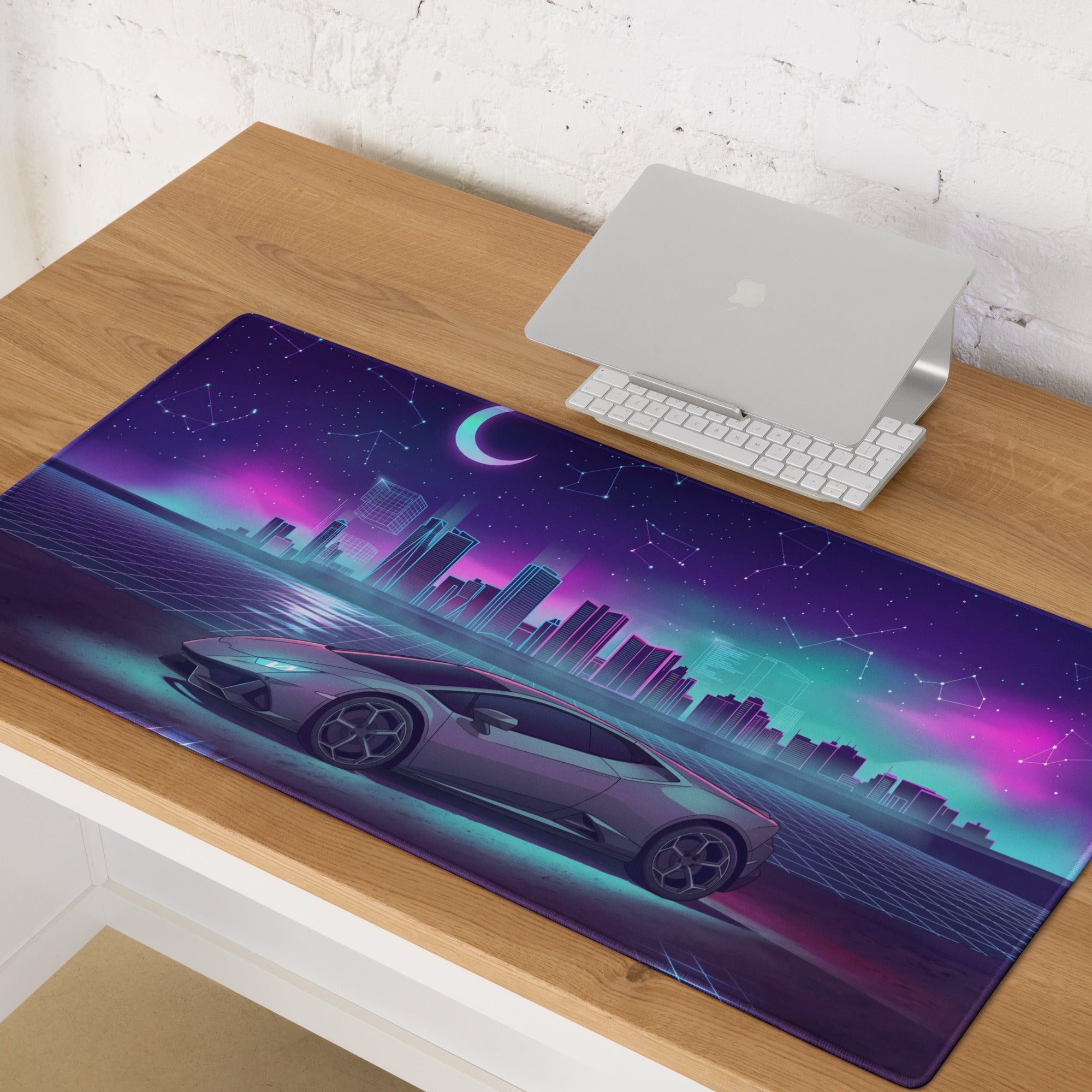 Lamborghini Huracán EVO Inspired Silver Purple Vaporwave Gaming Mouse Pad – Neon Celestial City Desk Mat with Retro Futuristic Skyline Art