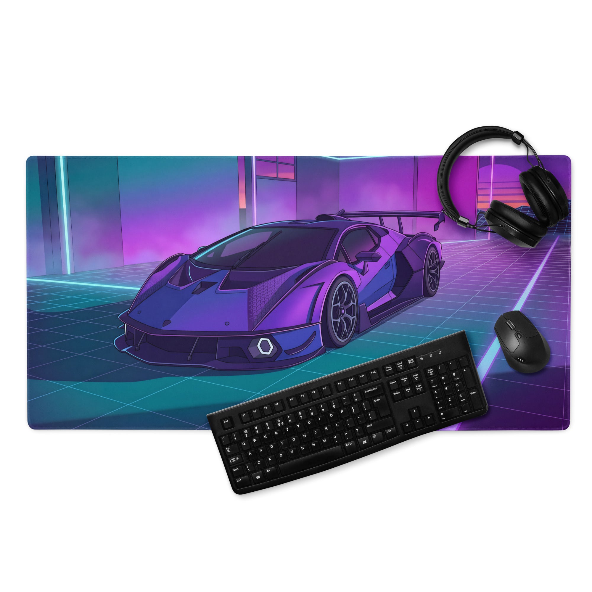 Lamborghini SC18 Alston Inspired Purple Blue Vaporwave Gaming Mouse Pad – Neon Cyberpunk Garage Desk Mat with Retro Futuristic Supercar Art