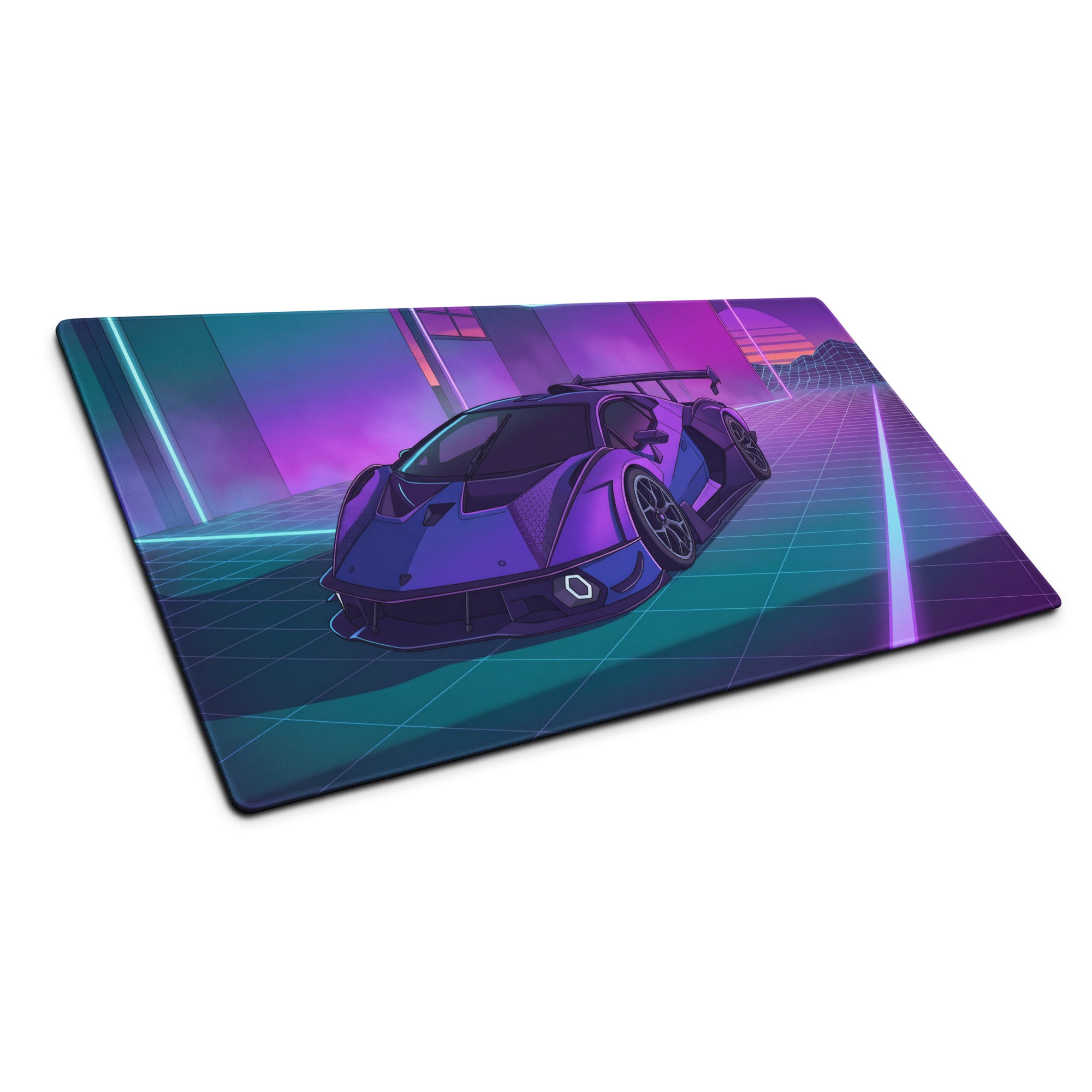 Lamborghini SC18 Alston Inspired Purple Blue Vaporwave Gaming Mouse Pad – Neon Cyberpunk Garage Desk Mat with Retro Futuristic Supercar Art