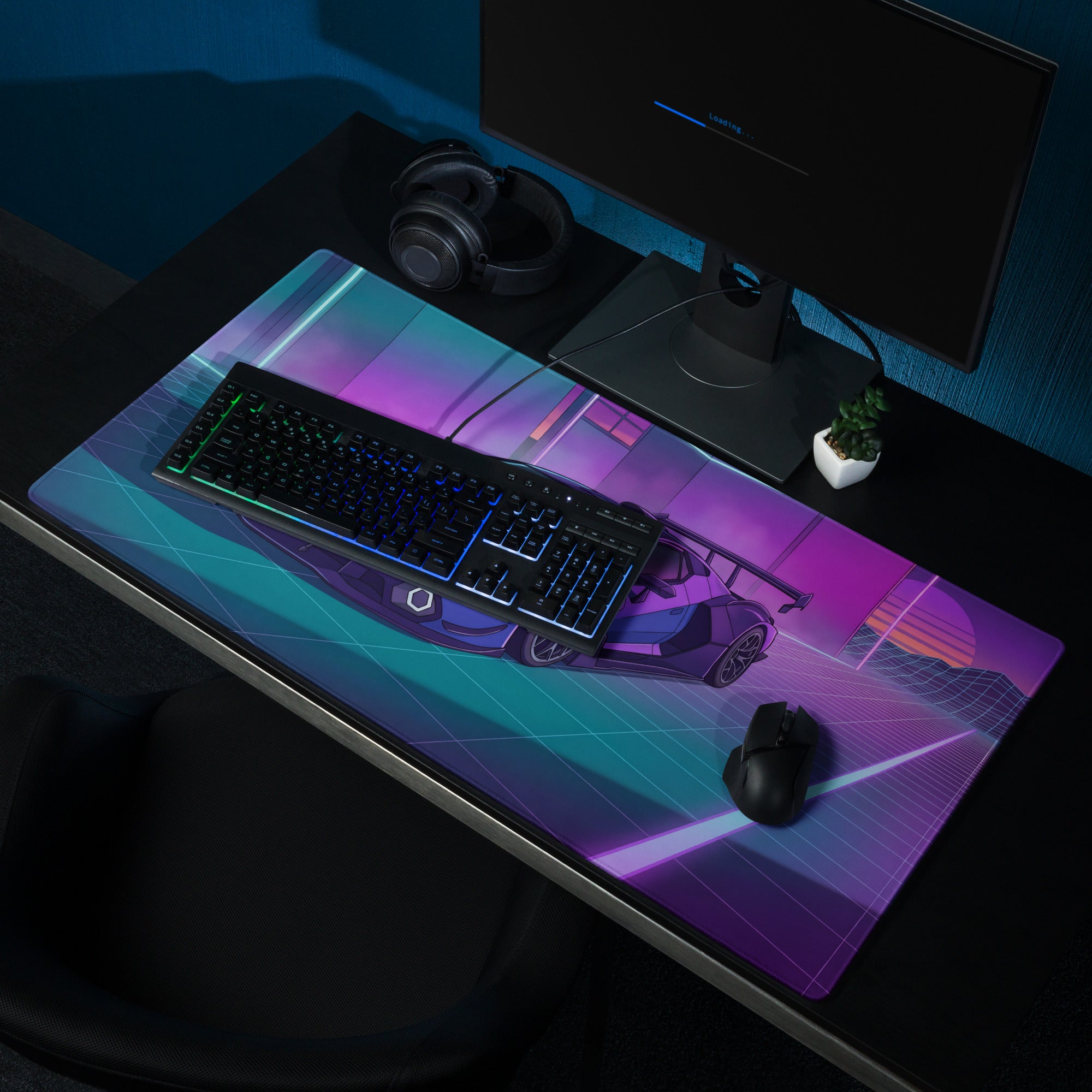 Lamborghini SC18 Alston Inspired Purple Blue Vaporwave Gaming Mouse Pad – Neon Cyberpunk Garage Desk Mat with Retro Futuristic Supercar Art