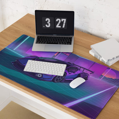 Lamborghini SC18 Alston Inspired Purple Blue Vaporwave Gaming Mouse Pad – Neon Cyberpunk Garage Desk Mat with Retro Futuristic Supercar Art
