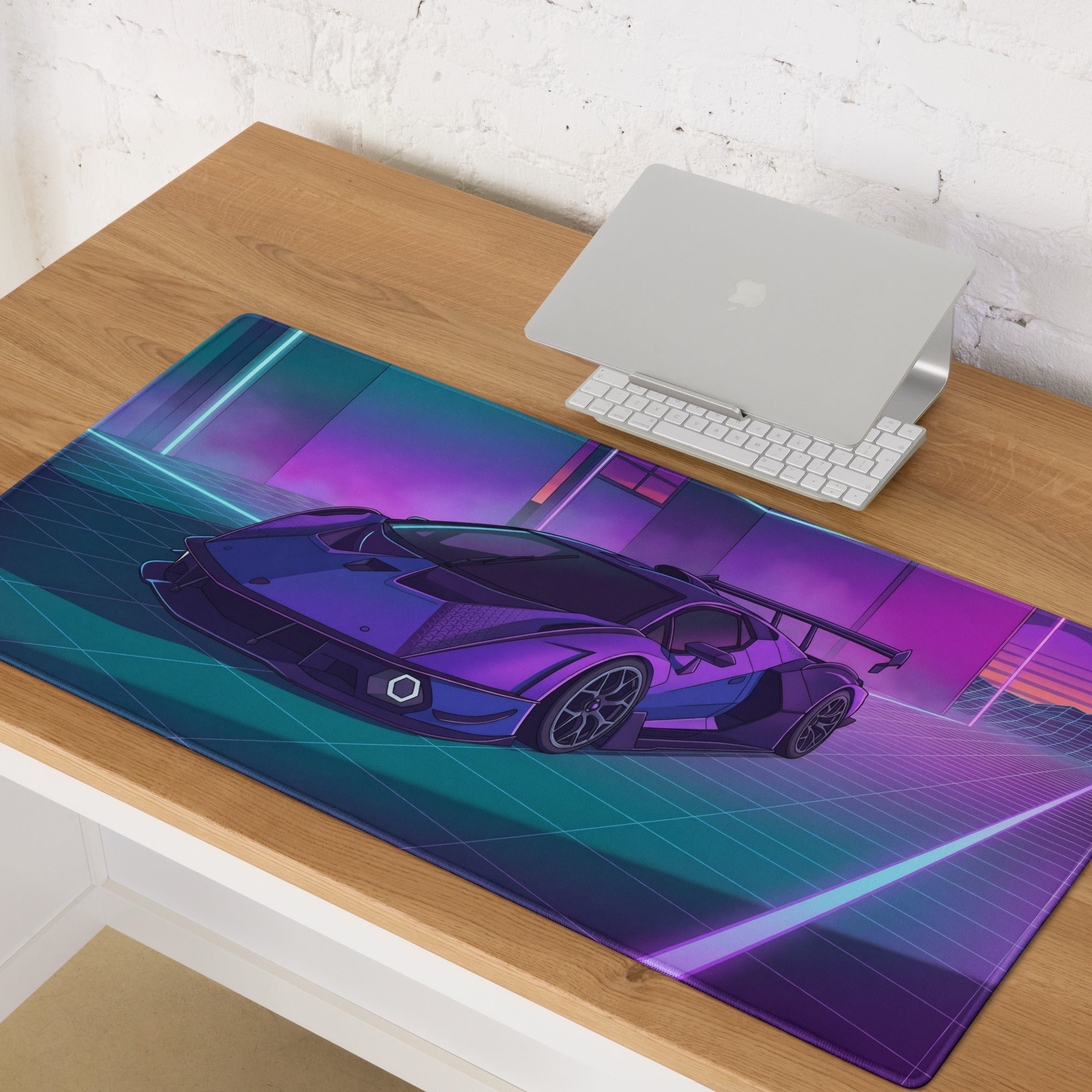 Lamborghini SC18 Alston Inspired Purple Blue Vaporwave Gaming Mouse Pad – Neon Cyberpunk Garage Desk Mat with Retro Futuristic Supercar Art