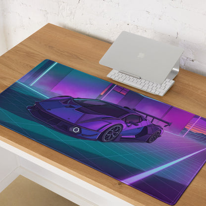 Lamborghini SC18 Alston Inspired Purple Blue Vaporwave Gaming Mouse Pad – Neon Cyberpunk Garage Desk Mat with Retro Futuristic Supercar Art