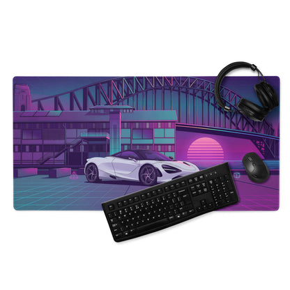 McLaren 720S Inspired White Purple Vaporwave Gaming Mouse Pad – Neon Sydney Harbour Bridge Desk Mat with Retro Futuristic Synthwave City Art