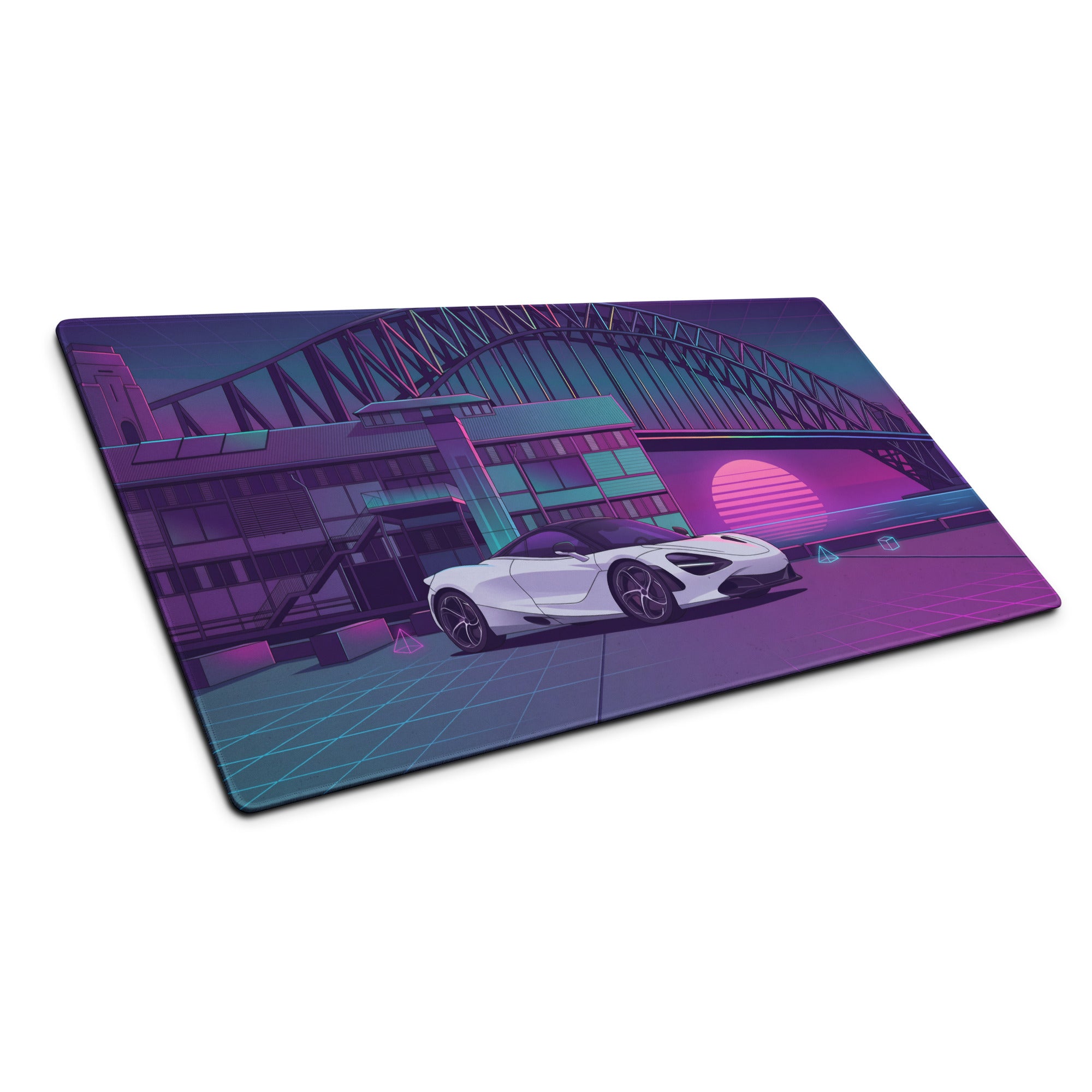McLaren 720S Inspired White Purple Vaporwave Gaming Mouse Pad – Neon Sydney Harbour Bridge Desk Mat with Retro Futuristic Synthwave City Art