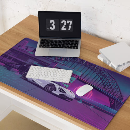 McLaren 720S Inspired White Purple Vaporwave Gaming Mouse Pad – Neon Sydney Harbour Bridge Desk Mat with Retro Futuristic Synthwave City Art