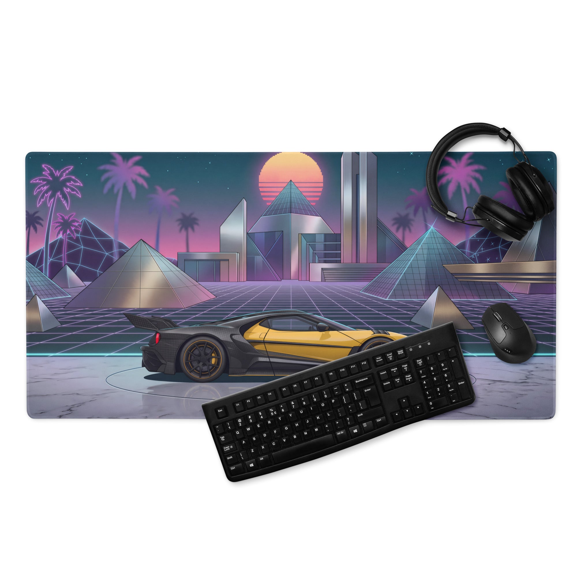 Ford GT Mk II Inspired Yellow Black Vaporwave Gaming Mouse Pad – Neon Futuristic Pyramid City Desk Mat with Retro Synthwave Cyberpunk Art