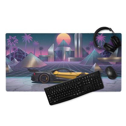 Ford GT Mk II Inspired Yellow Black Vaporwave Gaming Mouse Pad – Neon Futuristic Pyramid City Desk Mat with Retro Synthwave Cyberpunk Art