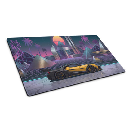 Ford GT Mk II Inspired Yellow Black Vaporwave Gaming Mouse Pad – Neon Futuristic Pyramid City Desk Mat with Retro Synthwave Cyberpunk Art