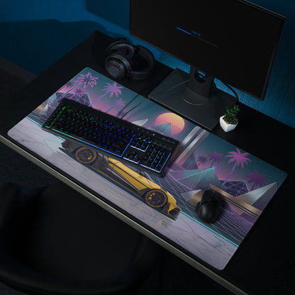 Ford GT Mk II Inspired Yellow Black Vaporwave Gaming Mouse Pad – Neon Futuristic Pyramid City Desk Mat with Retro Synthwave Cyberpunk Art