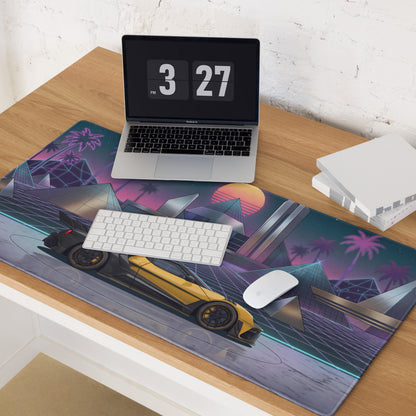 Ford GT Mk II Inspired Yellow Black Vaporwave Gaming Mouse Pad – Neon Futuristic Pyramid City Desk Mat with Retro Synthwave Cyberpunk Art