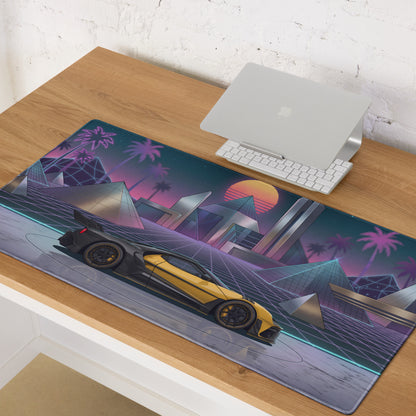 Ford GT Mk II Inspired Yellow Black Vaporwave Gaming Mouse Pad – Neon Futuristic Pyramid City Desk Mat with Retro Synthwave Cyberpunk Art