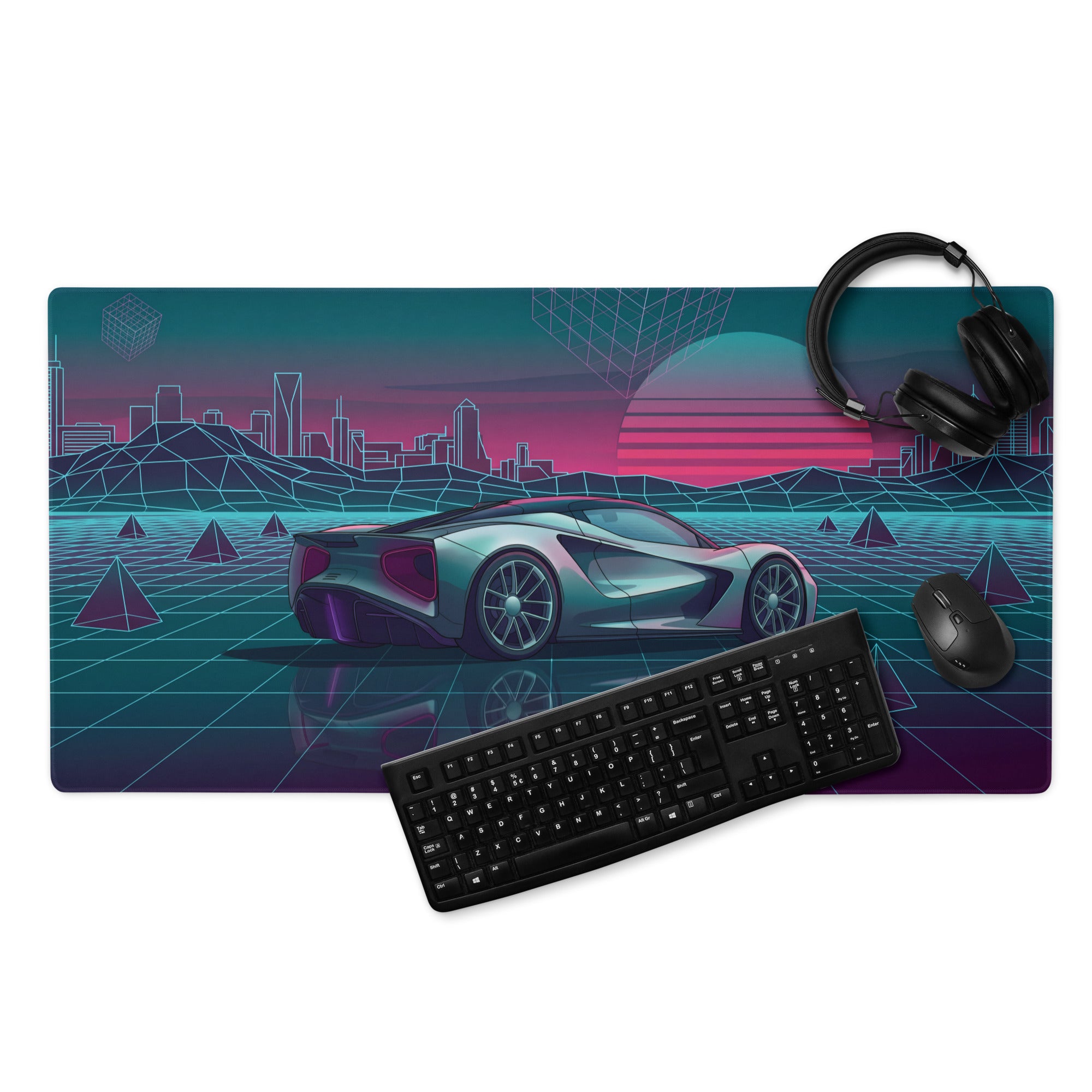 Lotus Evija Inspired Silver Teal Vaporwave Gaming Mouse Pad – Neon Retro Futuristic City Grid Desk Mat with Synthwave Sunset Cyberpunk Art