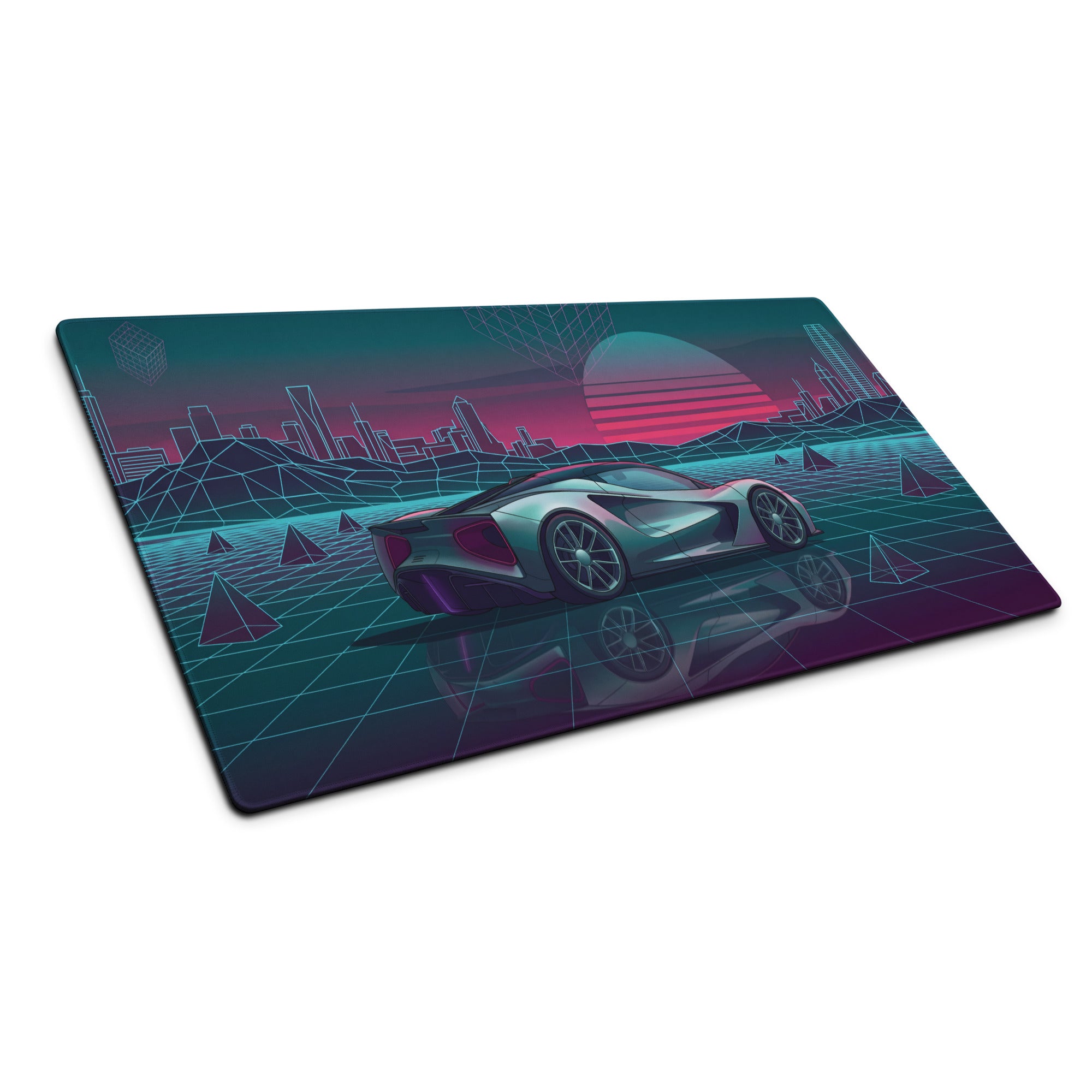 Lotus Evija Inspired Silver Teal Vaporwave Gaming Mouse Pad – Neon Retro Futuristic City Grid Desk Mat with Synthwave Sunset Cyberpunk Art
