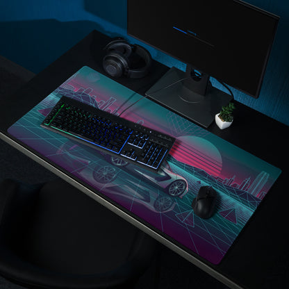 Lotus Evija Inspired Silver Teal Vaporwave Gaming Mouse Pad – Neon Retro Futuristic City Grid Desk Mat with Synthwave Sunset Cyberpunk Art