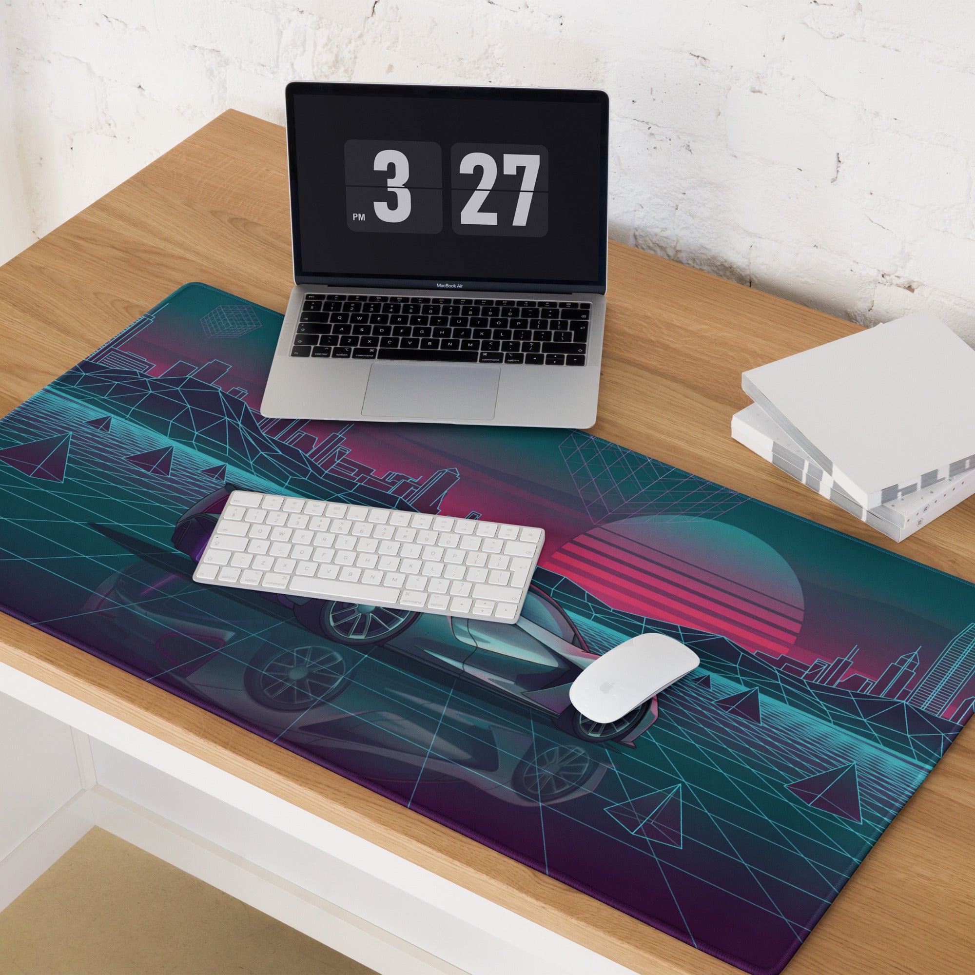 Lotus Evija Inspired Silver Teal Vaporwave Gaming Mouse Pad – Neon Retro Futuristic City Grid Desk Mat with Synthwave Sunset Cyberpunk Art