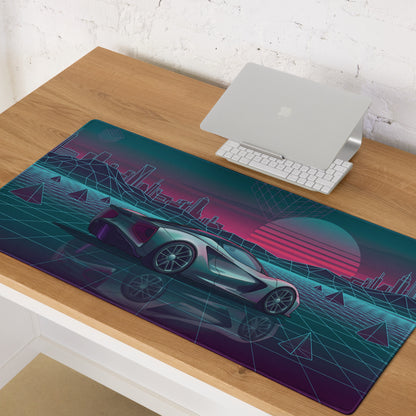Lotus Evija Inspired Silver Teal Vaporwave Gaming Mouse Pad – Neon Retro Futuristic City Grid Desk Mat with Synthwave Sunset Cyberpunk Art