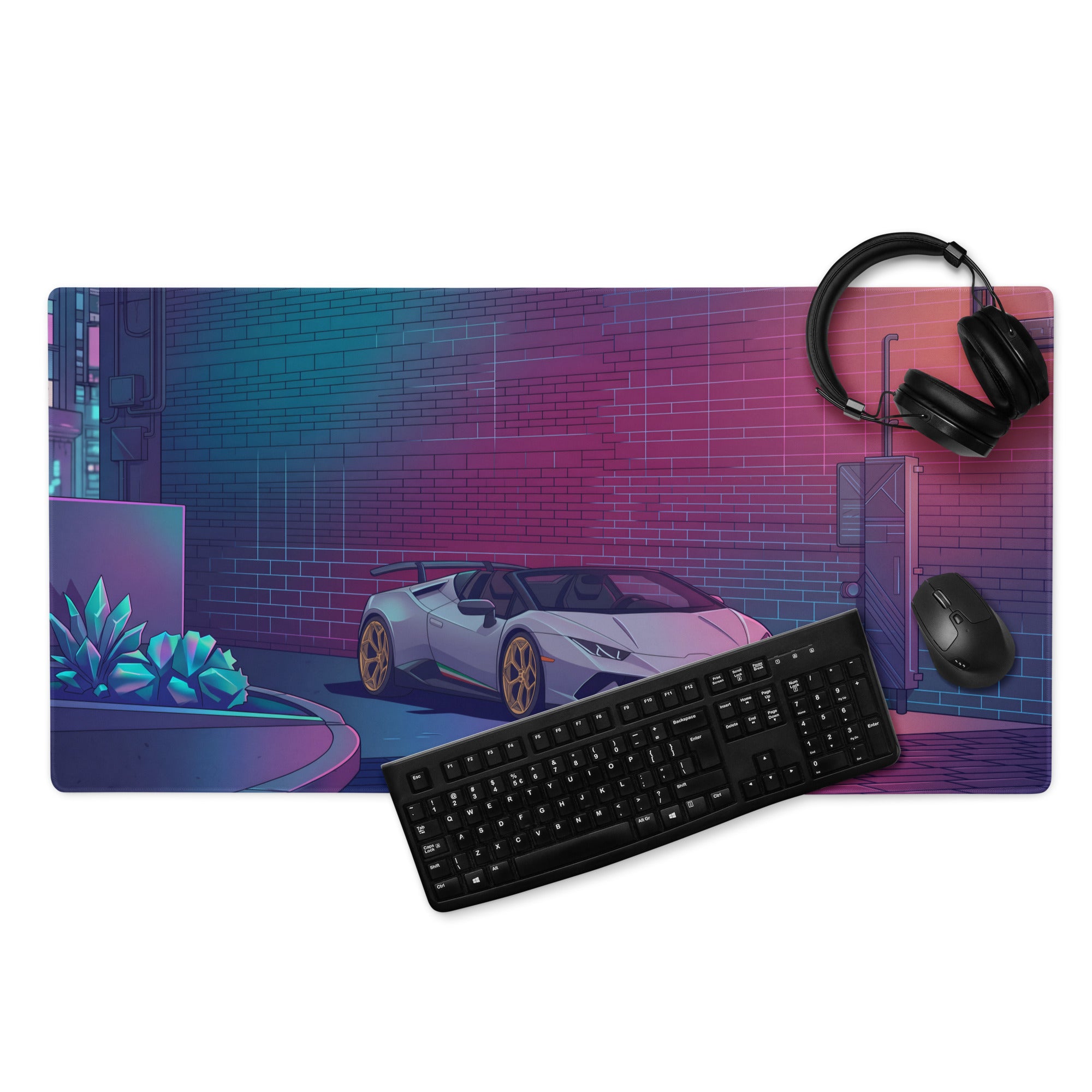 Lamborghini Huracán STO Inspired White Gold Vaporwave Gaming Mouse Pad – Neon Cyberpunk Alley Desk Mat with Retro Futuristic Synthwave Art