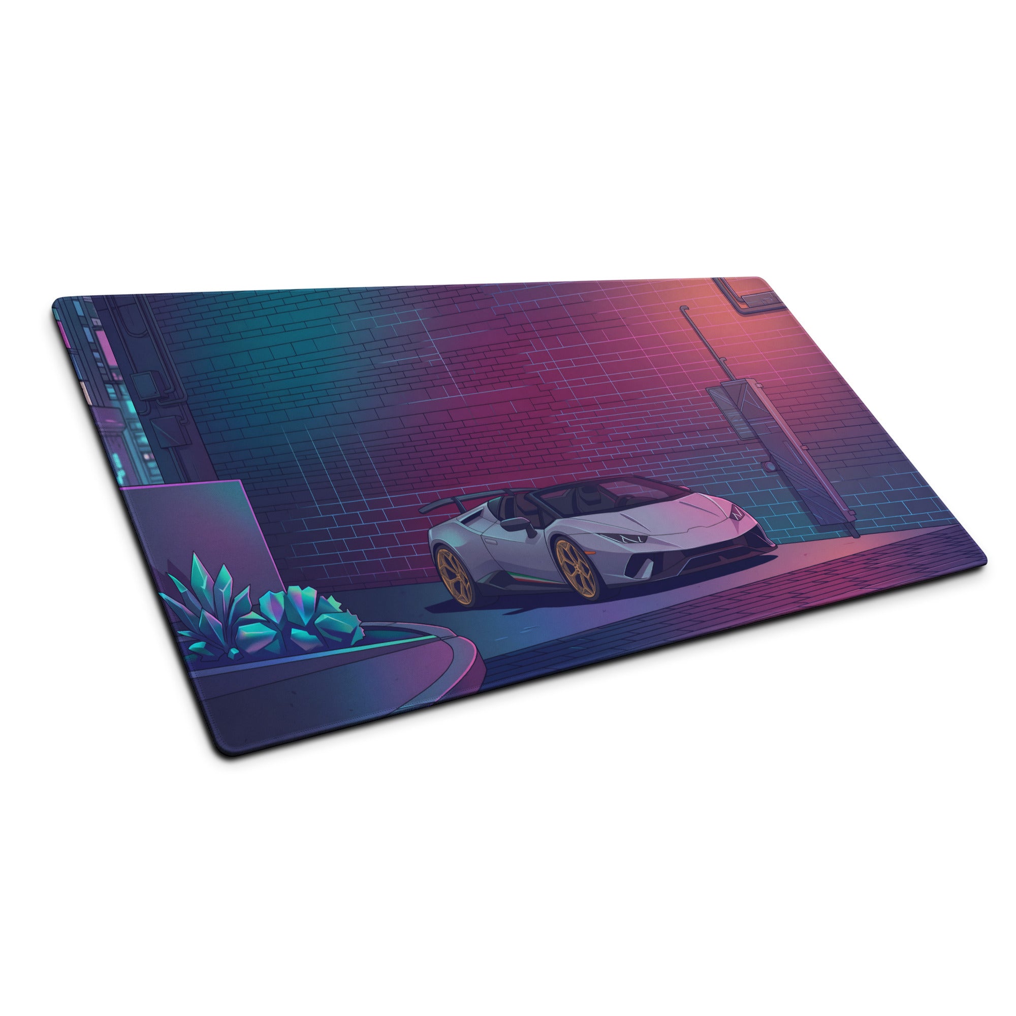 Lamborghini Huracán STO Inspired White Gold Vaporwave Gaming Mouse Pad – Neon Cyberpunk Alley Desk Mat with Retro Futuristic Synthwave Art