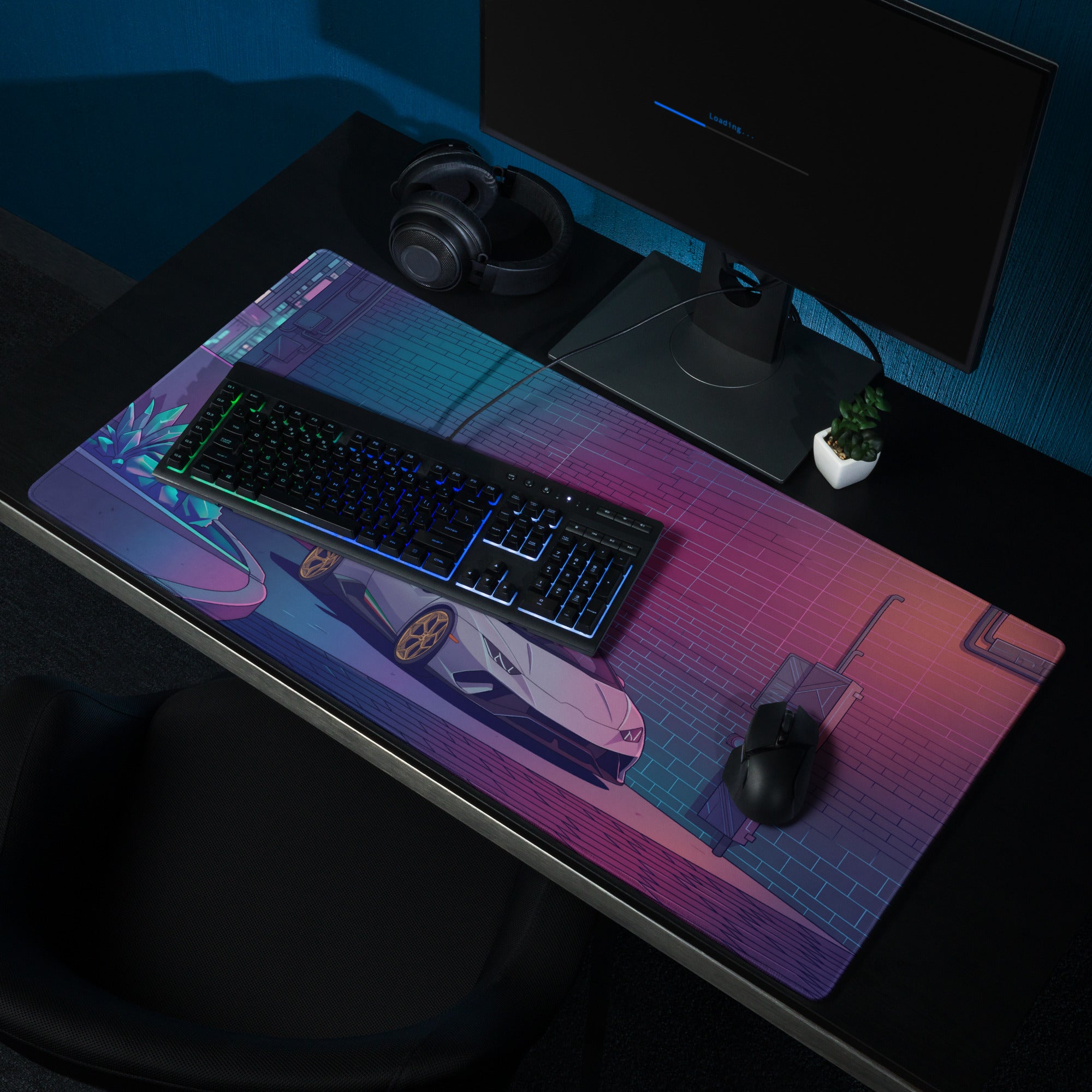 Lamborghini Huracán STO Inspired White Gold Vaporwave Gaming Mouse Pad – Neon Cyberpunk Alley Desk Mat with Retro Futuristic Synthwave Art