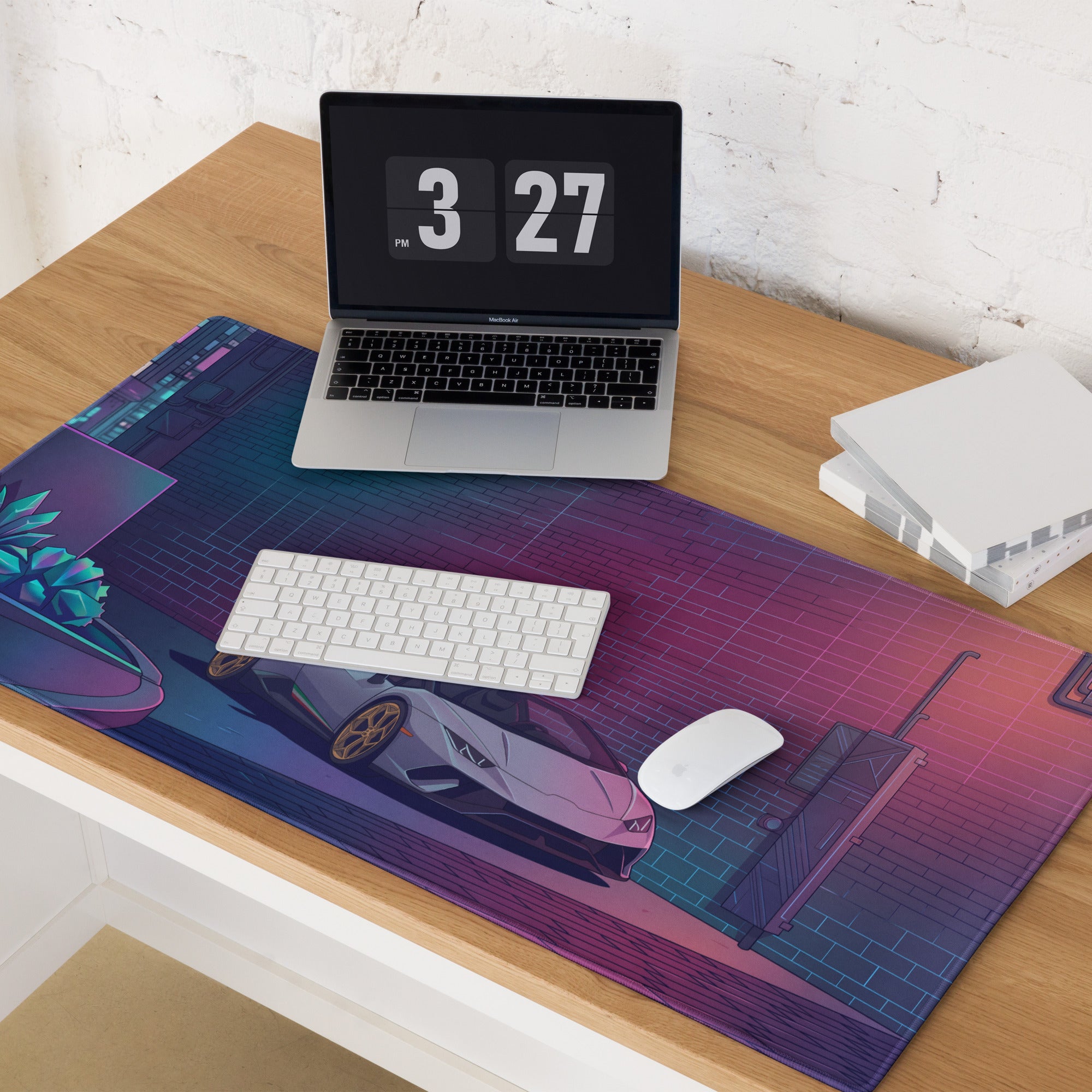 Lamborghini Huracán STO Inspired White Gold Vaporwave Gaming Mouse Pad – Neon Cyberpunk Alley Desk Mat with Retro Futuristic Synthwave Art