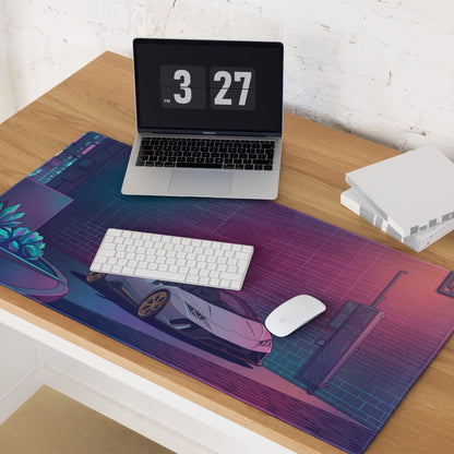 Lamborghini Huracán STO Inspired White Gold Vaporwave Gaming Mouse Pad – Neon Cyberpunk Alley Desk Mat with Retro Futuristic Synthwave Art