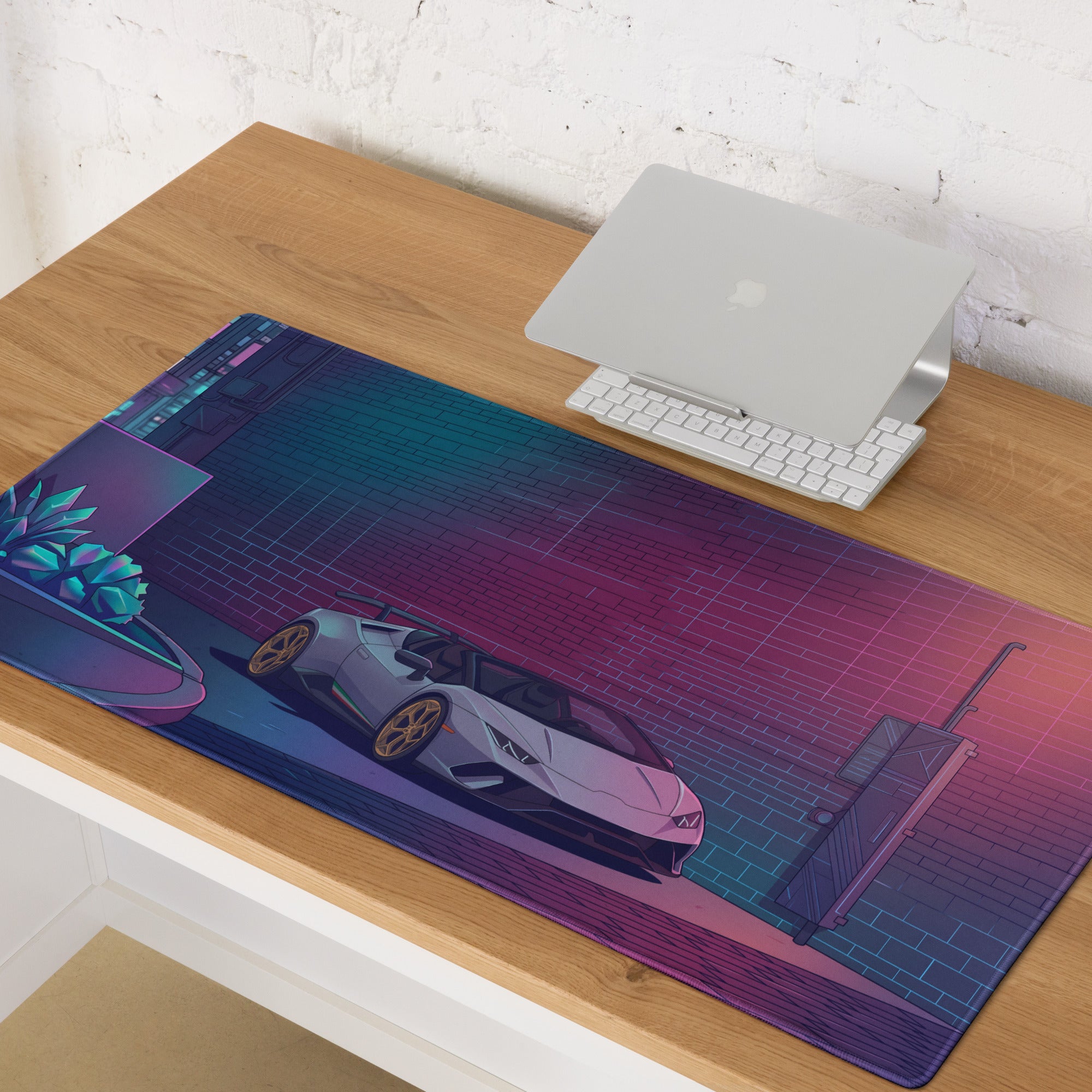 Lamborghini Huracán STO Inspired White Gold Vaporwave Gaming Mouse Pad – Neon Cyberpunk Alley Desk Mat with Retro Futuristic Synthwave Art