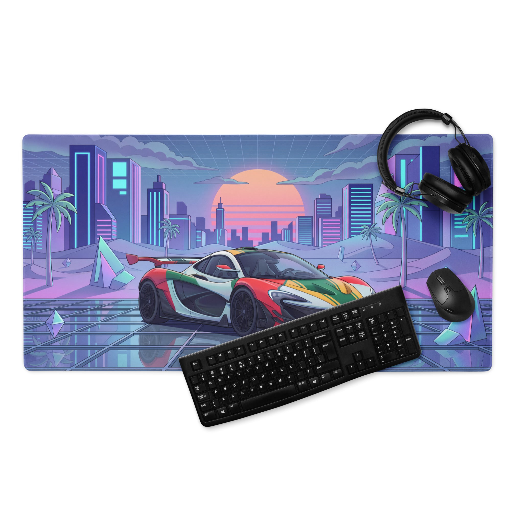 McLaren P1 GTR Inspired Red White Green Vaporwave Gaming Mouse Pad – Neon Retro Futuristic City Desk Mat with Synthwave Sunset and Crystal Art