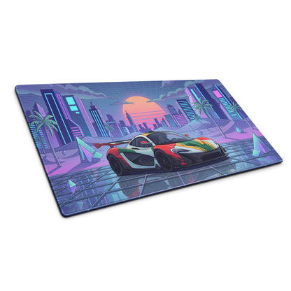 McLaren P1 GTR Inspired Red White Green Vaporwave Gaming Mouse Pad – Neon Retro Futuristic City Desk Mat with Synthwave Sunset and Crystal Art