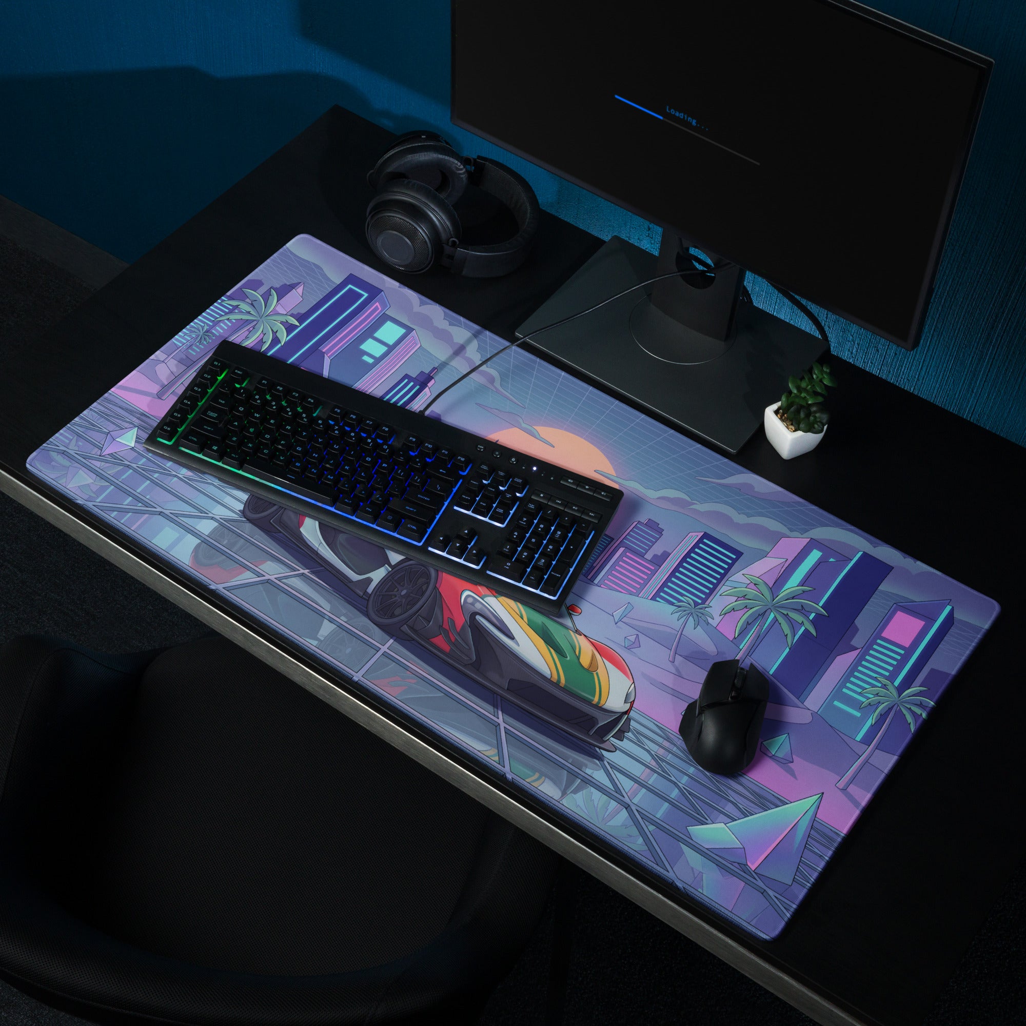 McLaren P1 GTR Inspired Red White Green Vaporwave Gaming Mouse Pad – Neon Retro Futuristic City Desk Mat with Synthwave Sunset and Crystal Art