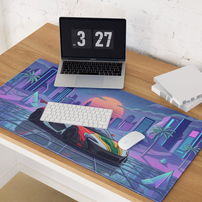 McLaren P1 GTR Inspired Red White Green Vaporwave Gaming Mouse Pad – Neon Retro Futuristic City Desk Mat with Synthwave Sunset and Crystal Art