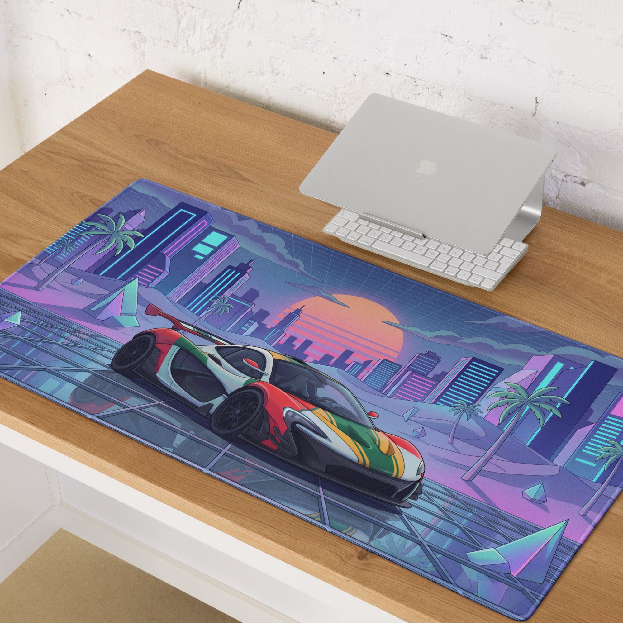 McLaren P1 GTR Inspired Red White Green Vaporwave Gaming Mouse Pad – Neon Retro Futuristic City Desk Mat with Synthwave Sunset and Crystal Art