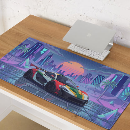 McLaren P1 GTR Inspired Red White Green Vaporwave Gaming Mouse Pad – Neon Retro Futuristic City Desk Mat with Synthwave Sunset and Crystal Art