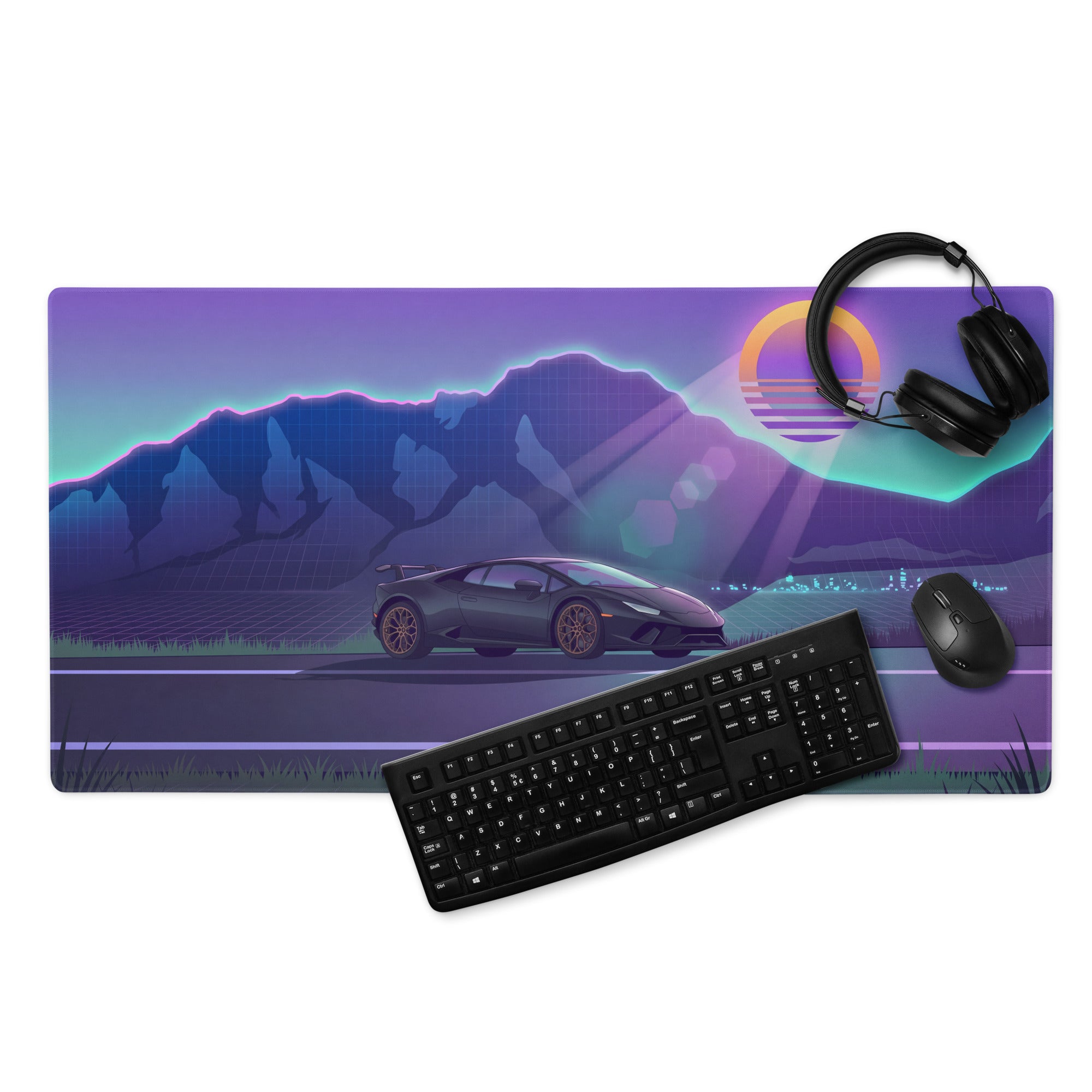 Lamborghini Huracán Performante Inspired Black Purple Vaporwave Gaming Mouse Pad – Neon Mountain Sunset Desk Mat with Retro Futuristic Synthwave Art
