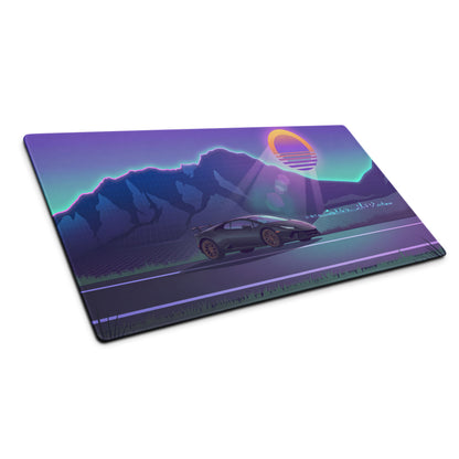 Lamborghini Huracán Performante Inspired Black Purple Vaporwave Gaming Mouse Pad – Neon Mountain Sunset Desk Mat with Retro Futuristic Synthwave Art