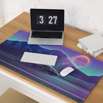 Lamborghini Huracán Performante Inspired Black Purple Vaporwave Gaming Mouse Pad – Neon Mountain Sunset Desk Mat with Retro Futuristic Synthwave Art