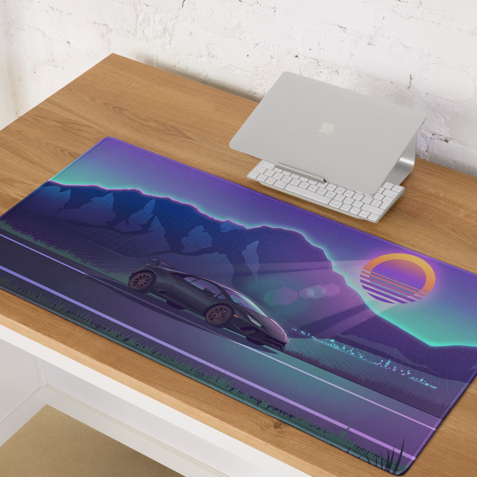 Lamborghini Huracán Performante Inspired Black Purple Vaporwave Gaming Mouse Pad – Neon Mountain Sunset Desk Mat with Retro Futuristic Synthwave Art