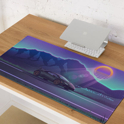 Lamborghini Huracán Performante Inspired Black Purple Vaporwave Gaming Mouse Pad – Neon Mountain Sunset Desk Mat with Retro Futuristic Synthwave Art