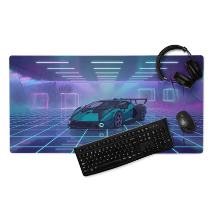 Lamborghini Essenza SCV12 Inspired Teal Black Vaporwave Gaming Mouse Pad – Neon Futuristic Garage Desk Mat with Cyberpunk Grid and Synthwave Art